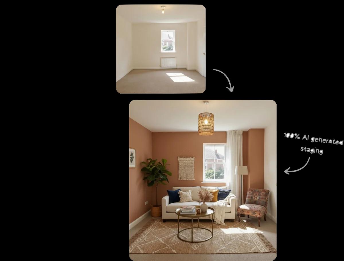 AI virtual staging transformation - before and after living room staging