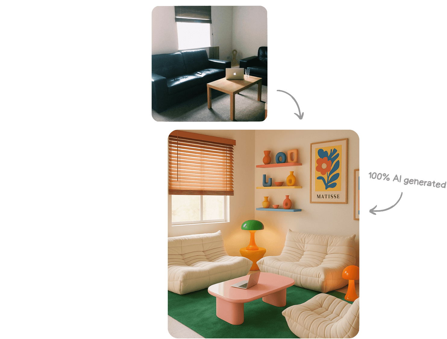 AI interior design transformation - before and after living room makeover