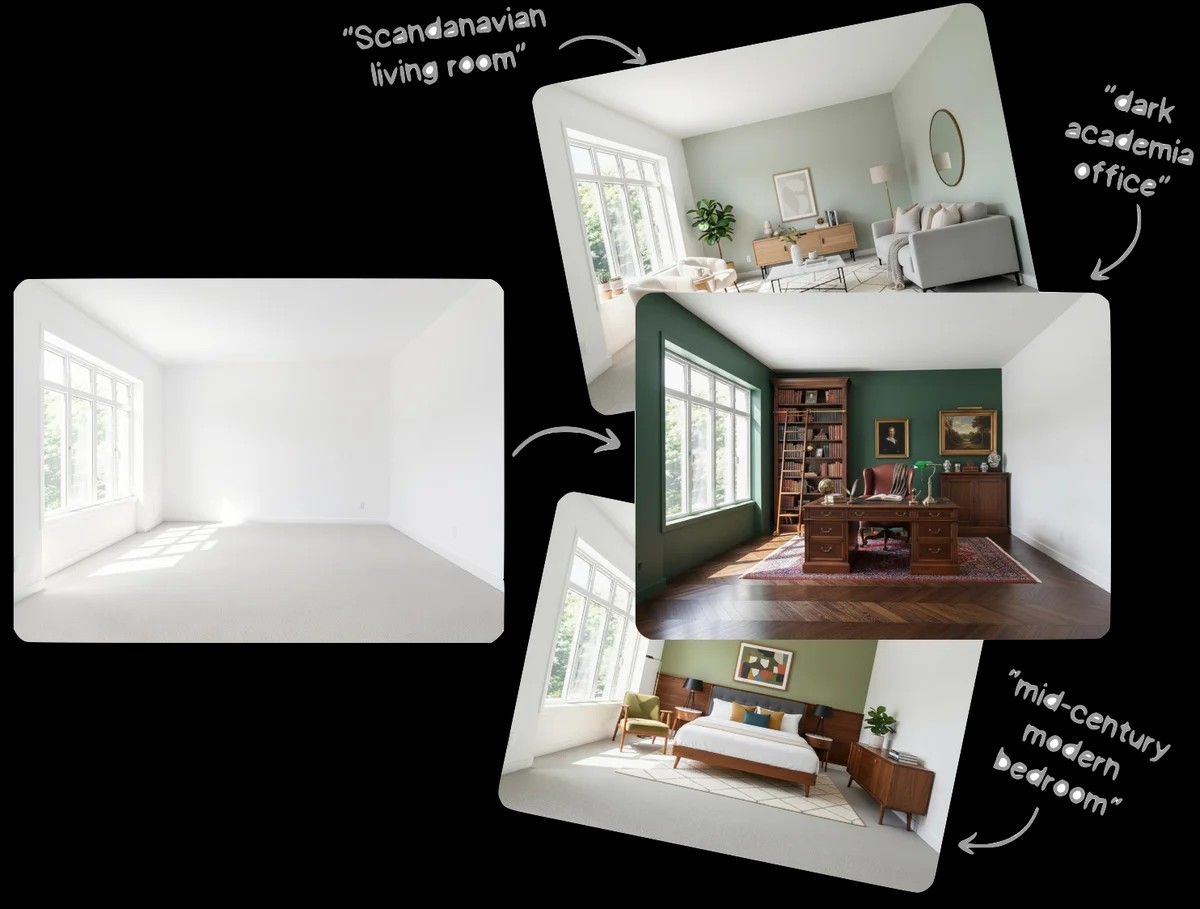 Before and after virtual staging transformations showing empty rooms transformed into beautifully staged spaces