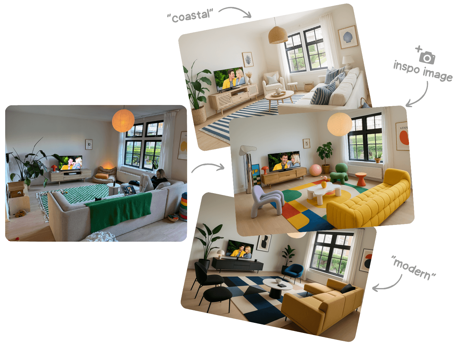 Before and after AI interior design transformations showing living rooms, bedrooms, and kitchens