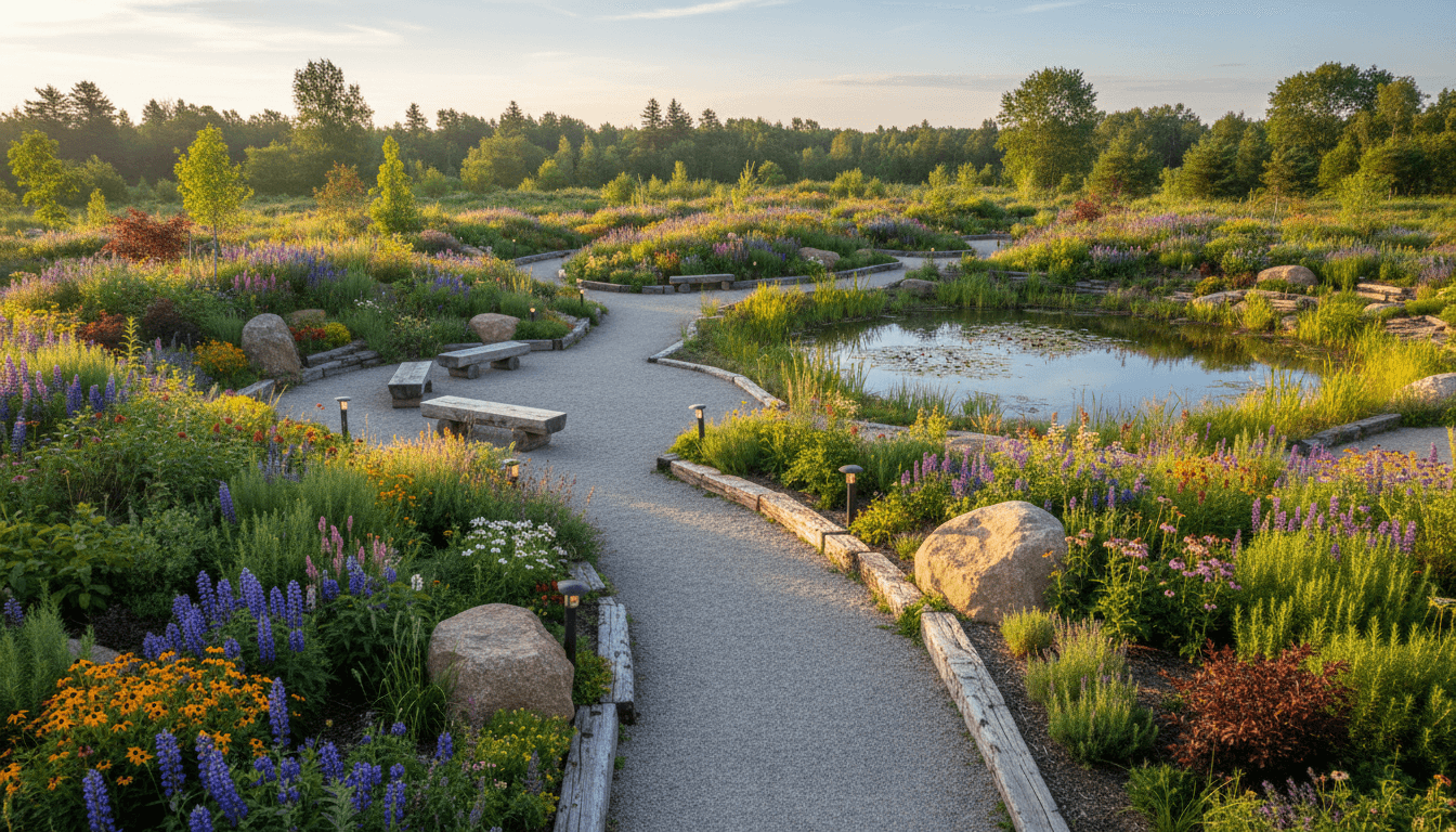 Biodiversity Rewilding Outdoor space interior design featuring stone and timber and natural morning light. AI-generated design available for free download.