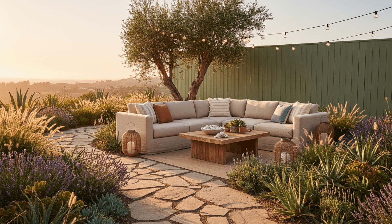 California Casual Outdoor space interior design featuring reclaimed teak and linen and golden hour. AI-generated design available for free download.