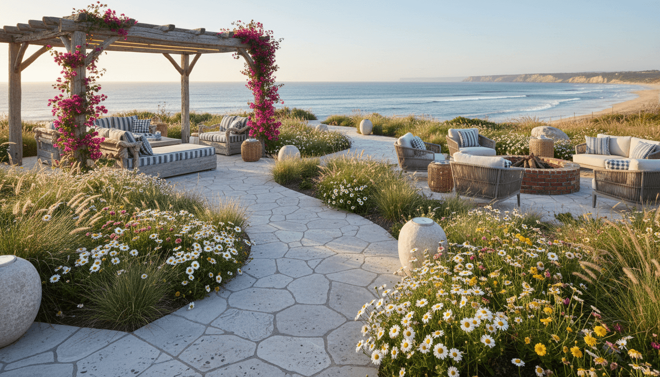 Coastal Garden Outdoor space interior design featuring driftwood and whitewashed stone and natural morning light. AI-generated design available for free download.
