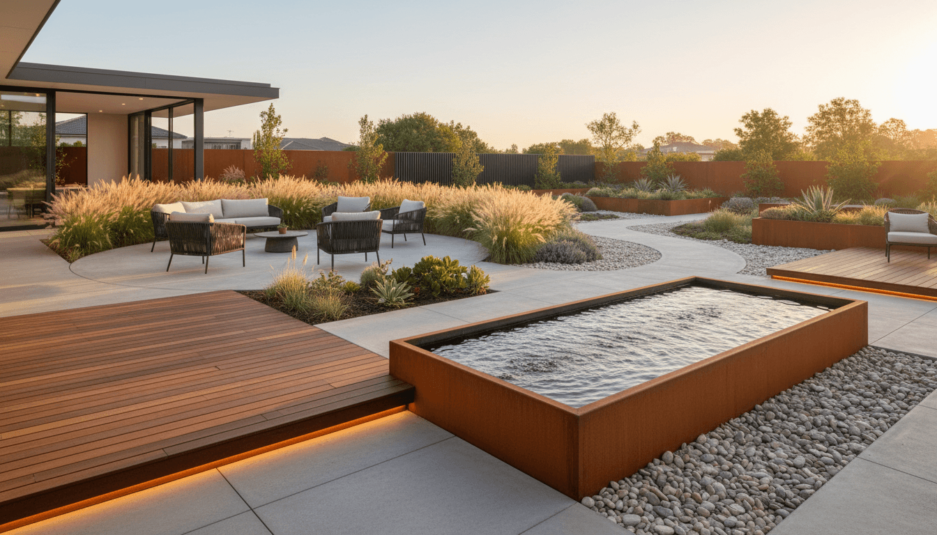 Contemporary Garden Outdoor space interior design featuring concrete, hardwood, corten steel and natural morning light. AI-generated design available for free download.