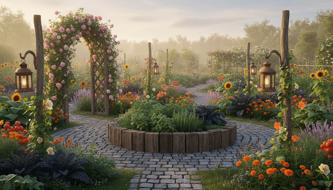 Cottage Potager Garden Outdoor space interior design featuring wood and cobblestones and natural morning light. AI-generated design available for free download.