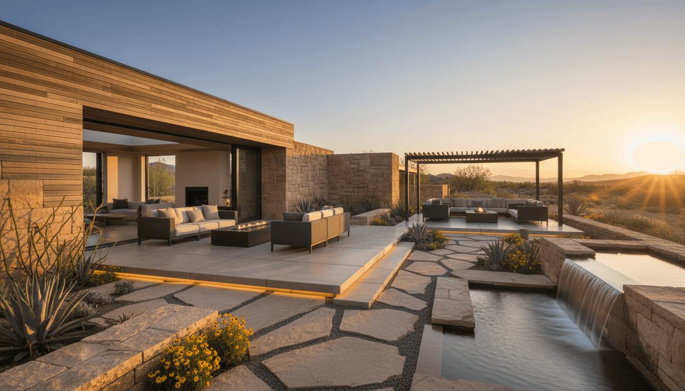 Desert Modern Outdoor space interior design featuring cedar wood and desert stone and natural morning light. AI-generated design available for free download.