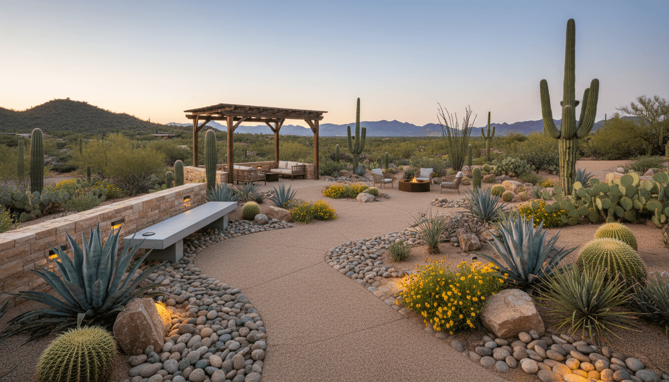 Desert Xeriscape Outdoor space interior design featuring sandstone and wood and natural morning light. AI-generated design available for free download.