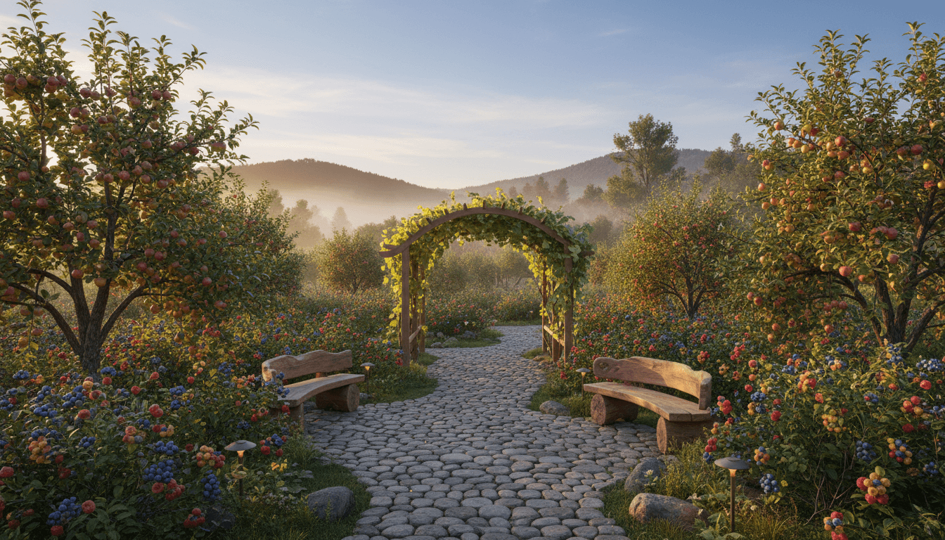 Edible Food Forest Outdoor space interior design featuring cobblestones and wood and natural morning light. AI-generated design available for free download.