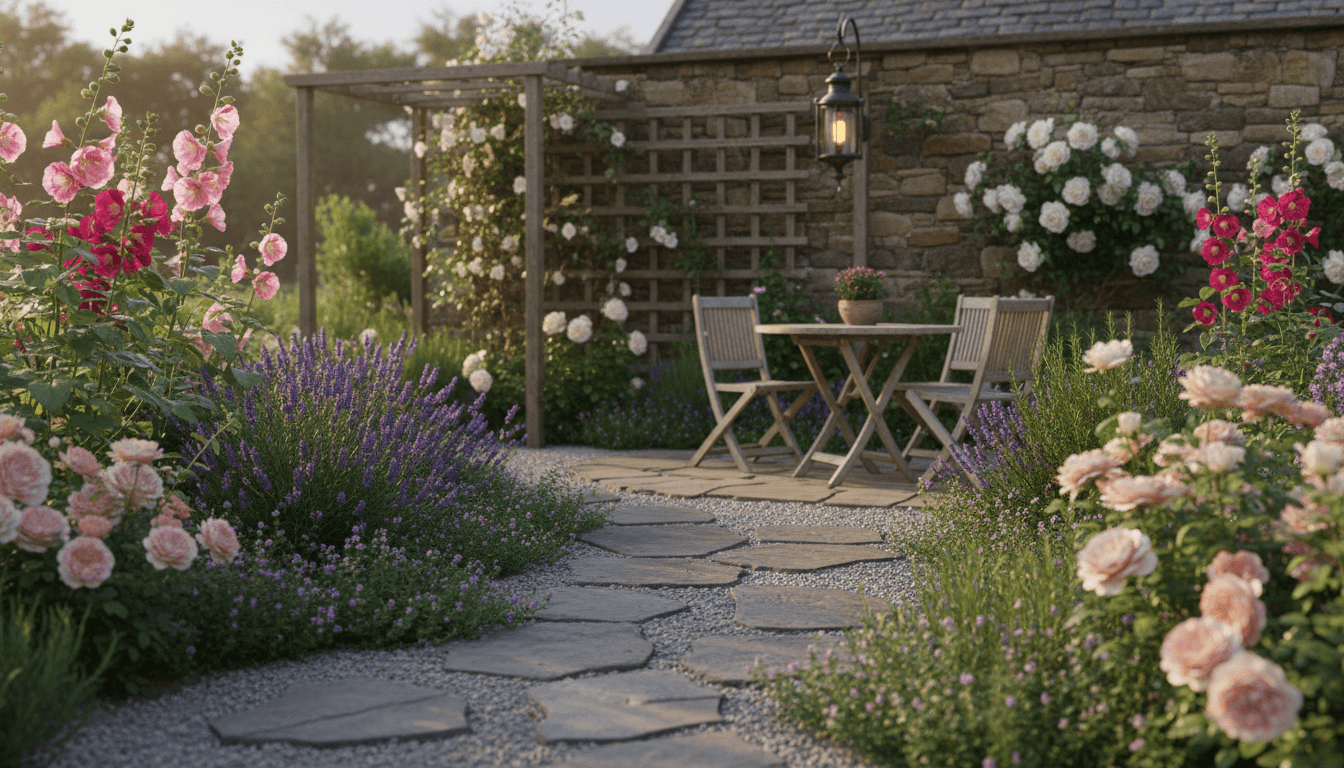 English Cottage Garden Outdoor space interior design featuring reclaimed stone and weathered teak and natural morning light. AI-generated design available for free download.