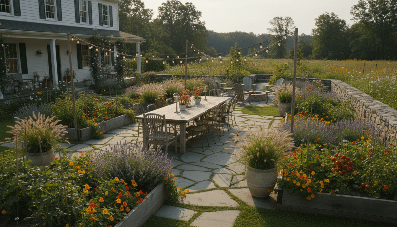 Farmhouse Garden Outdoor space interior design featuring weathered wood and natural stone and natural morning light. AI-generated design available for free download.