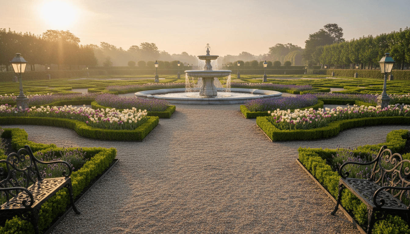 French Formal Garden Outdoor space interior design featuring limestone, marble, wrought iron and natural morning light. AI-generated design available for free download.