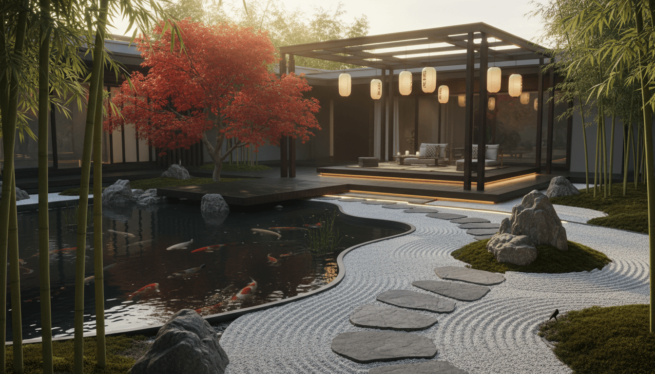 Japanese Zen Garden Outdoor space interior design featuring river stones, dark wood, white gravel and natural morning light. AI-generated design available for free download.