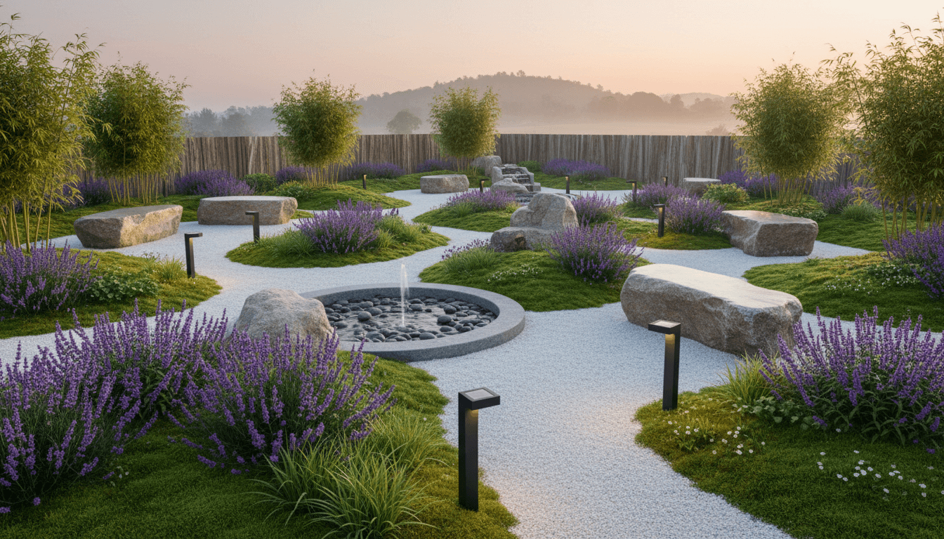 Meditation Healing Garden Outdoor space interior design featuring white quartz, granite, river stones and natural morning light. AI-generated design available for free download.