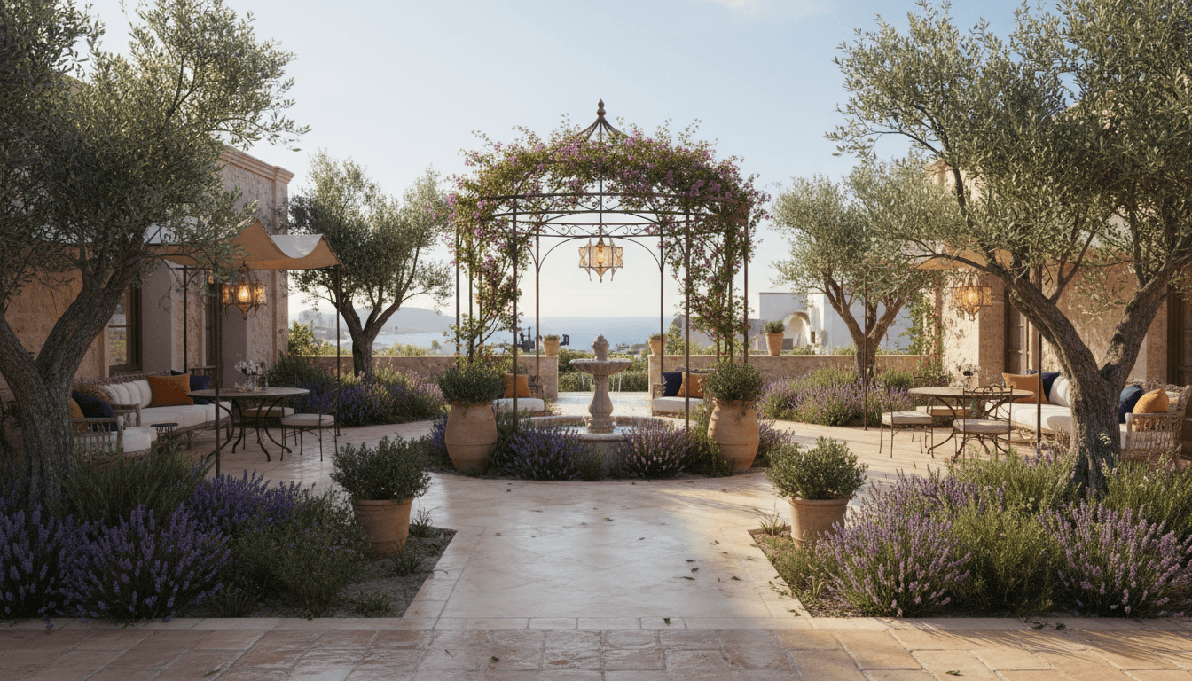 Mediterranean Courtyard Outdoor space interior design featuring terracotta and wrought iron and natural morning light. AI-generated design available for free download.