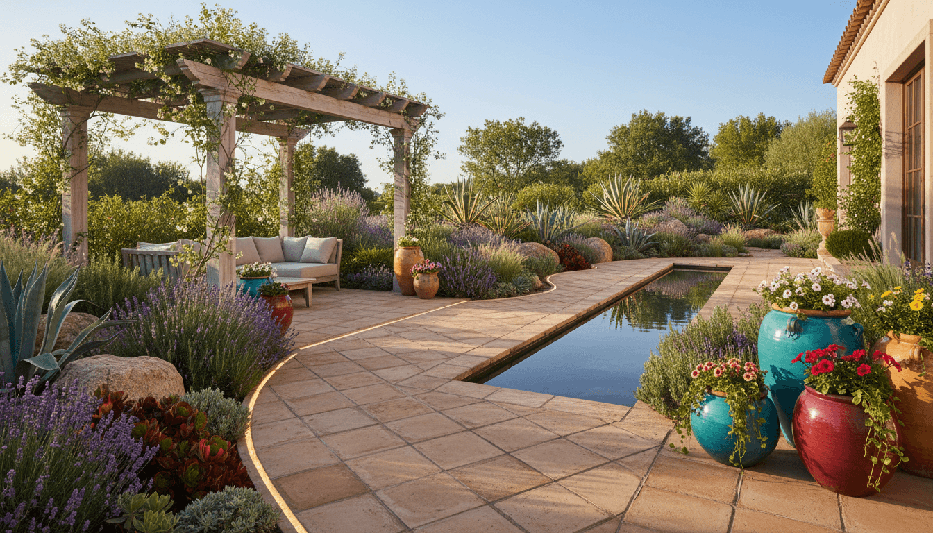 Mediterranean Xeriscape Outdoor space interior design featuring terracotta tiles and natural stone and natural morning light. AI-generated design available for free download.