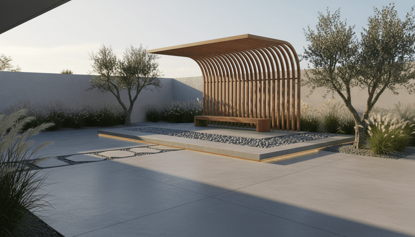 Minimalist Courtyard Outdoor space interior design featuring concrete, river stones, wood and natural morning light. AI-generated design available for free download.
