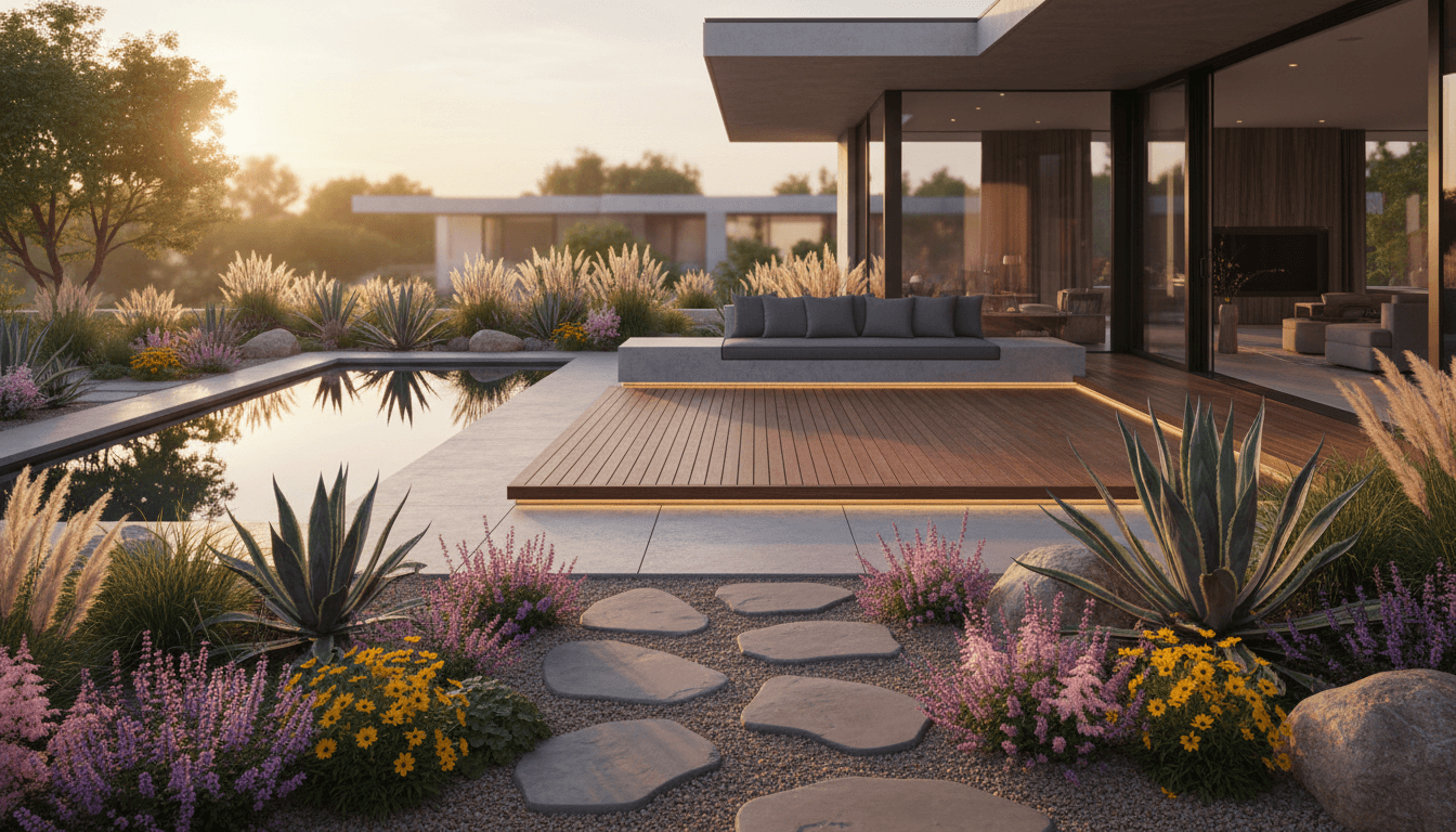 Modern Landscape Outdoor space interior design featuring concrete and wood and natural morning light. AI-generated design available for free download.