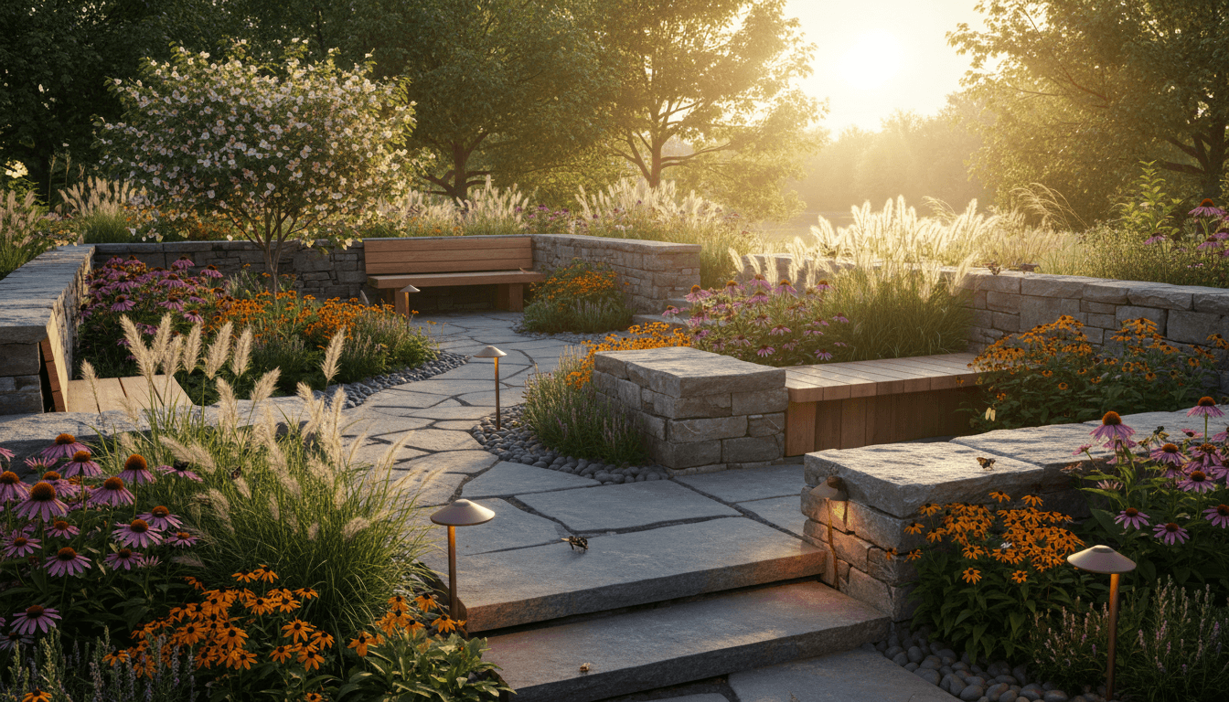 Native Pollinator Habitat Outdoor space interior design featuring stone and cedar wood and golden hour. AI-generated design available for free download.