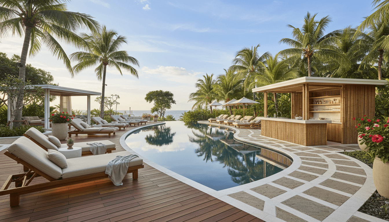Resort Poolside Outdoor space interior design featuring teak wood and white concrete and natural morning light. AI-generated design available for free download.