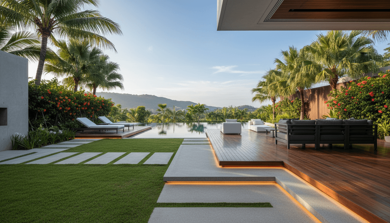 Tropical Modern Outdoor space interior design featuring teak wood and concrete and natural morning light. AI-generated design available for free download.
