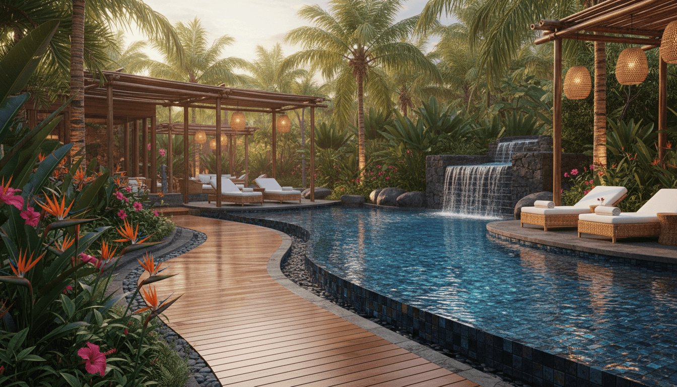 Tropical Resort Outdoor space interior design featuring teak wood and mosaic tiles and natural morning light. AI-generated design available for free download.