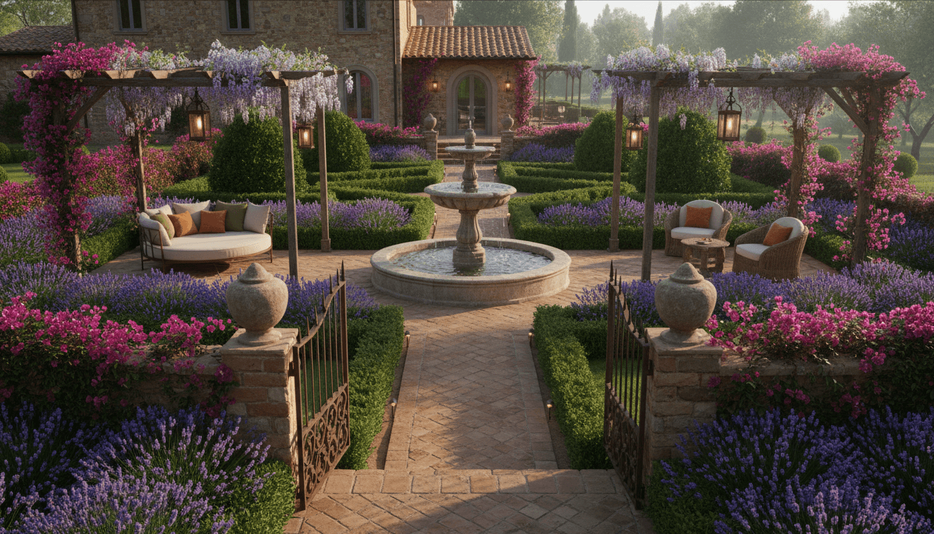 Tuscan Villa Garden Outdoor space interior design featuring terracotta and wrought iron and natural morning light. AI-generated design available for free download.