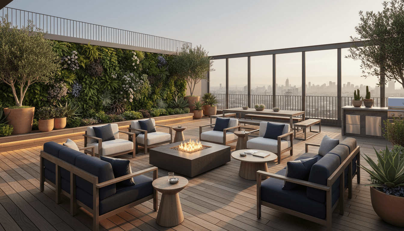 Urban Rooftop Terrace Outdoor space interior design featuring reclaimed wood and metal and natural morning light. AI-generated design available for free download.