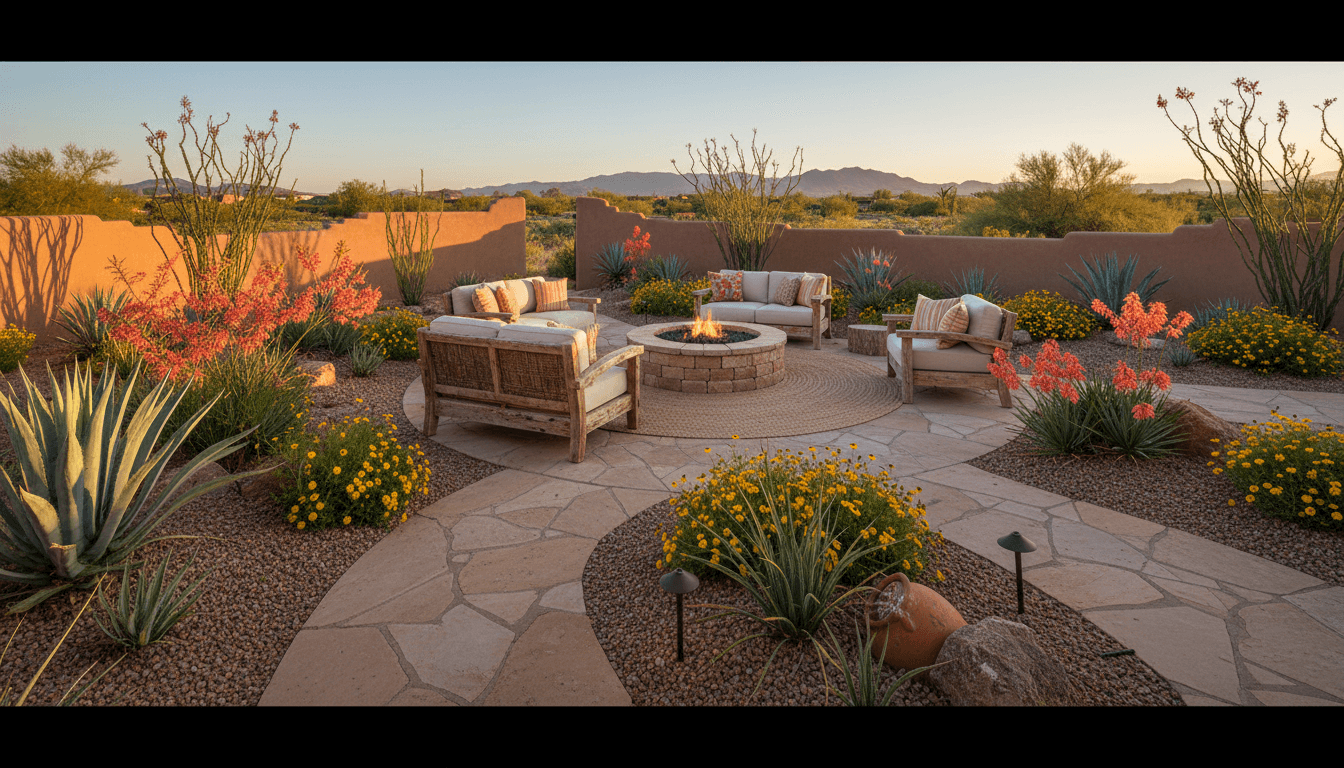 Water-Wise Southwest Outdoor space interior design featuring adobe and flagstone and natural morning light. AI-generated design available for free download.