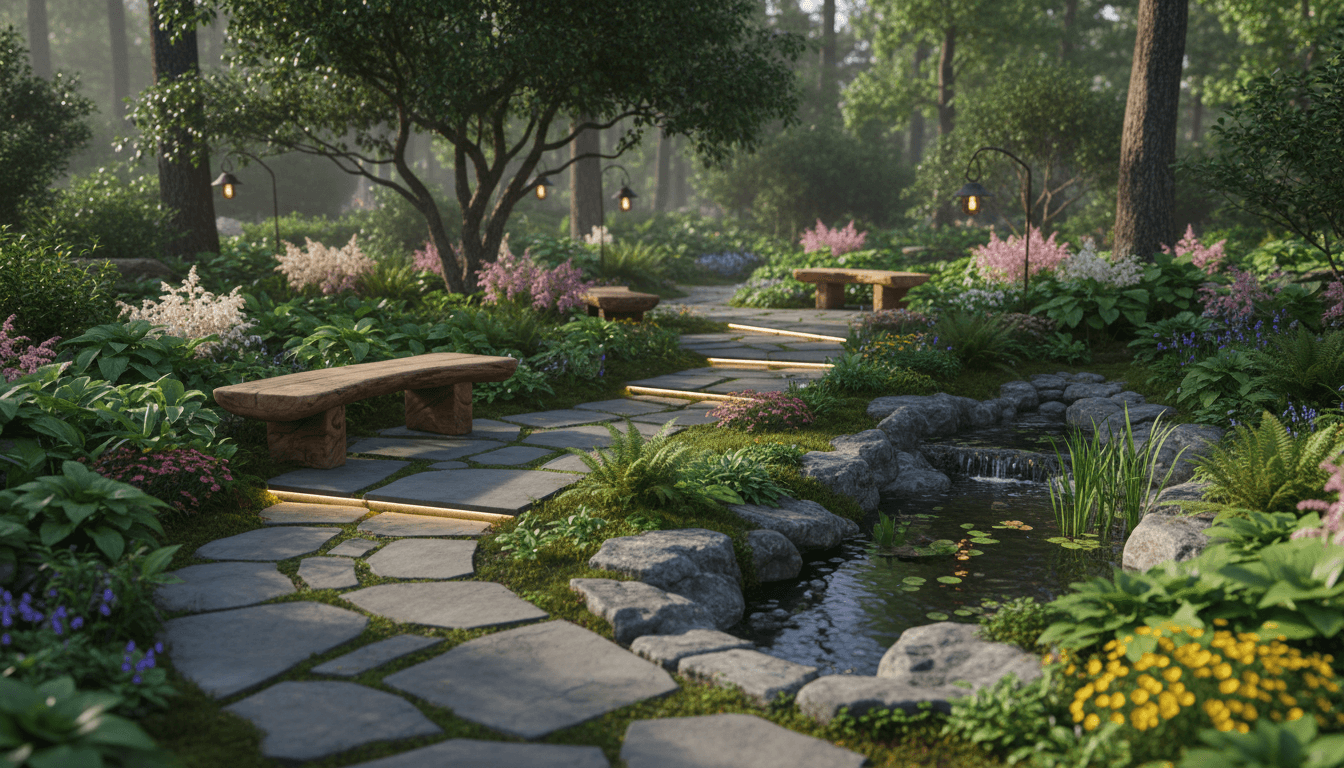 Woodland Shade Garden Outdoor space interior design featuring stone and wood and natural morning light. AI-generated design available for free download.